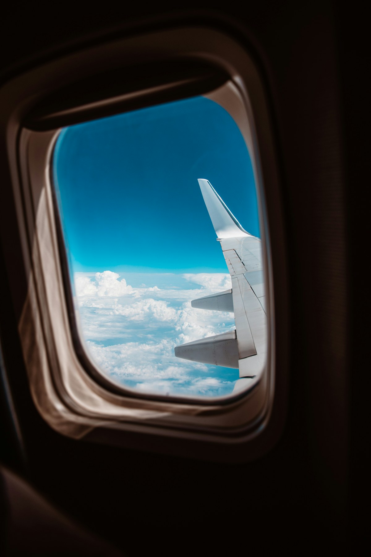 Traveller enjoying the view from an airplane window